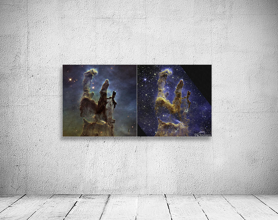 Pillars of Creation Hubble and Webb Images Side b by NASA Images