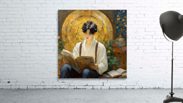 Vintage Aesthetic Book Lover - Golden Celestial Reading Painting by Sandy Richter