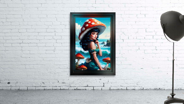 A Beautiful Pin Up Girl By Seas Shore With Her Mushroom Hat AI Concept Art by Xzendor7 by xzendor7