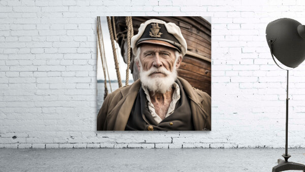 Old sailing ship captain face weathered with old wooden sailing ship in background  Wall Preview