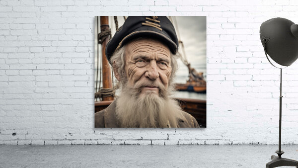 Old sailing ship captain face weathered with old wooden sailing ship in background  Wall Preview