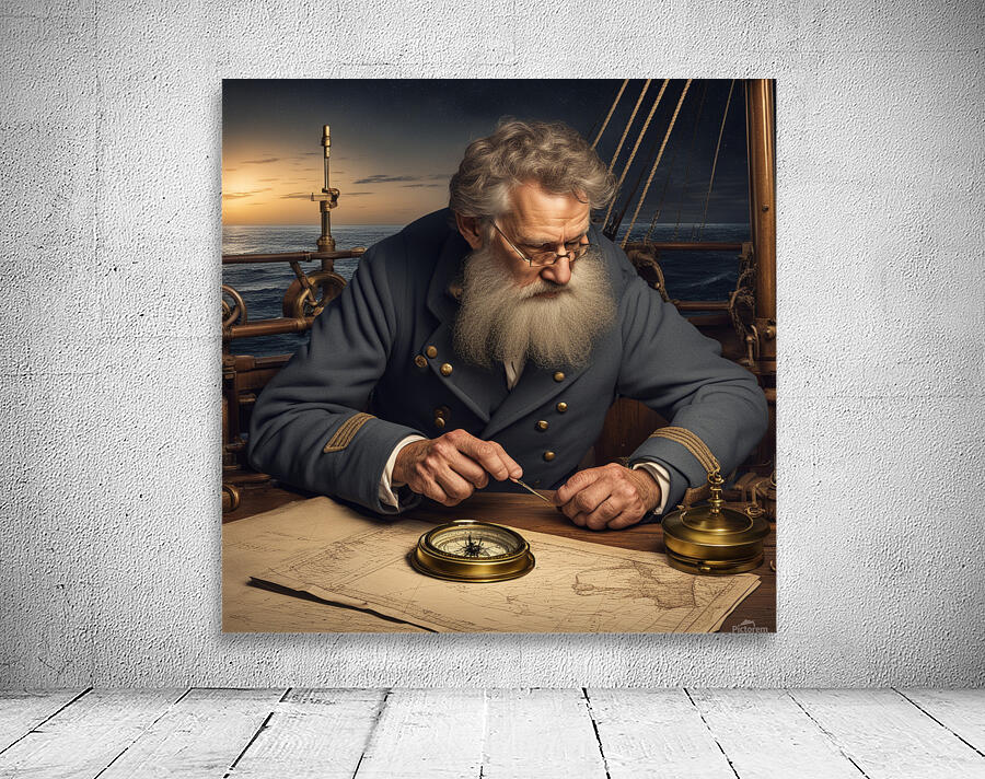 Old sailing ship captain looking at his old brass compass night time with ruff ocean behind him Wall Preview