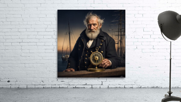 Old sailing ship captain weathered face looking at his old brass compass night time with ruff sea behind him Wall Preview