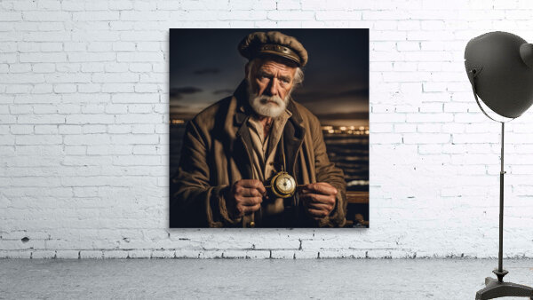 Old sailing ship captain weathered face looking at his old brass compass night time with ruff sea behind him Wall Preview