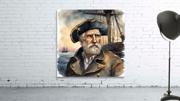 Old sailing ship captain weathered face looking at his old brass compass night time with ruff sea behind him Watercolor style Wall Preview