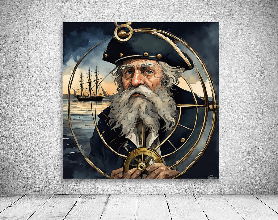 Old sailing ship captain weathered face looking at his old brass compass night time with ruff sea behind him Watercolor style Wall Preview