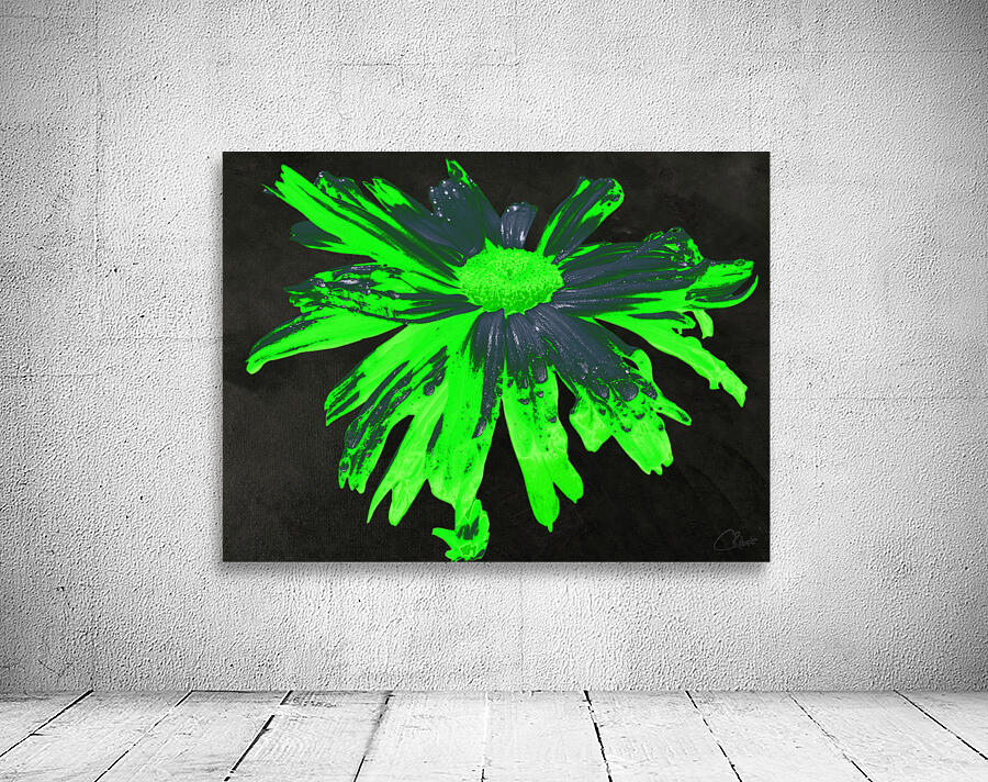 Abstract Neon Green Daisy Flower on a Dark Abstract Background  Wall Preview