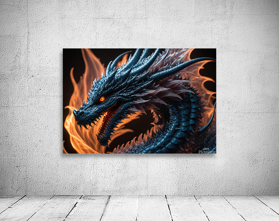 Blue dragon head with orange eyes with flames on the background by Philippe Lejeanvre