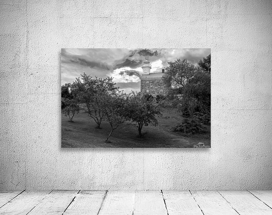 Great Captain Island Lighthouse on Hilltop Among Trees in Connecticut - B&W Wall Preview