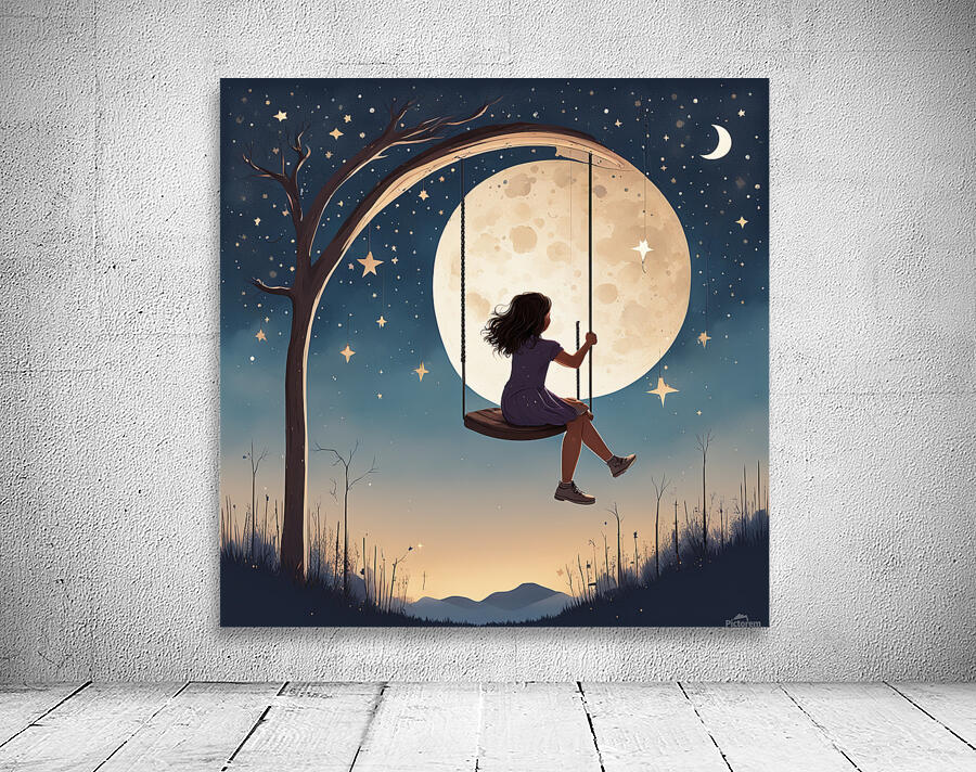 A girl swings on a swing hanging from a crescent moon. The sky is