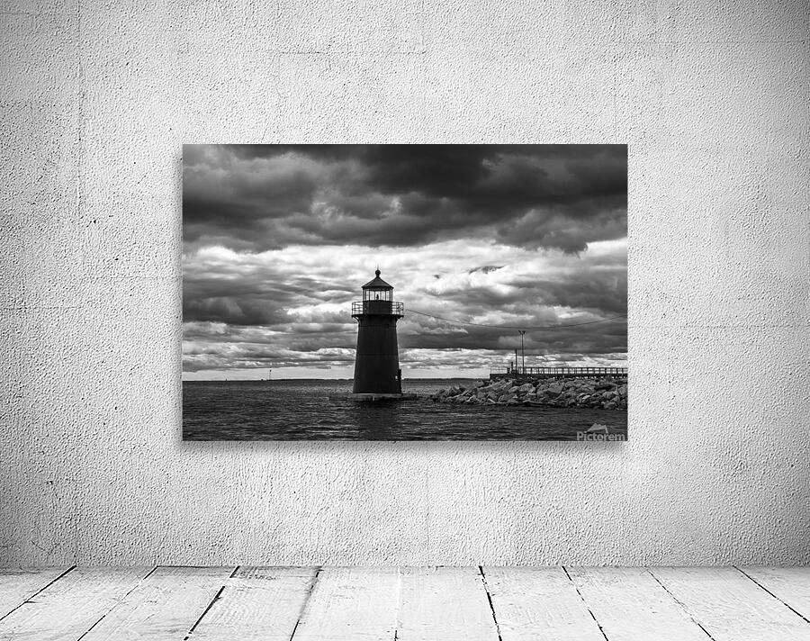 Dark Clouds Around the Black Tower of Tongue Point Light in Bridgeport Connecticut -B&W Wall Preview