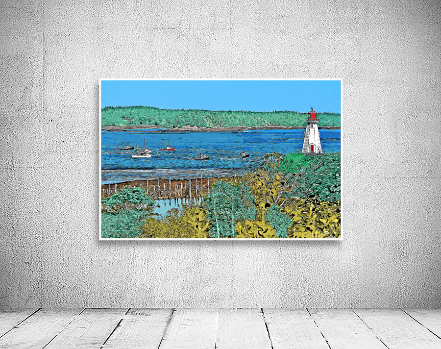 Mullholland Lighthouse Overlooks Fishing Boats in Canadian Harbor - Illus. by Allan Wood
