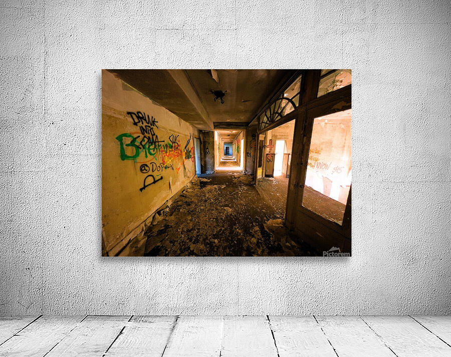 Decaying Hallway With Grafiti In Abandoned Luxurious Hotel Wall Preview