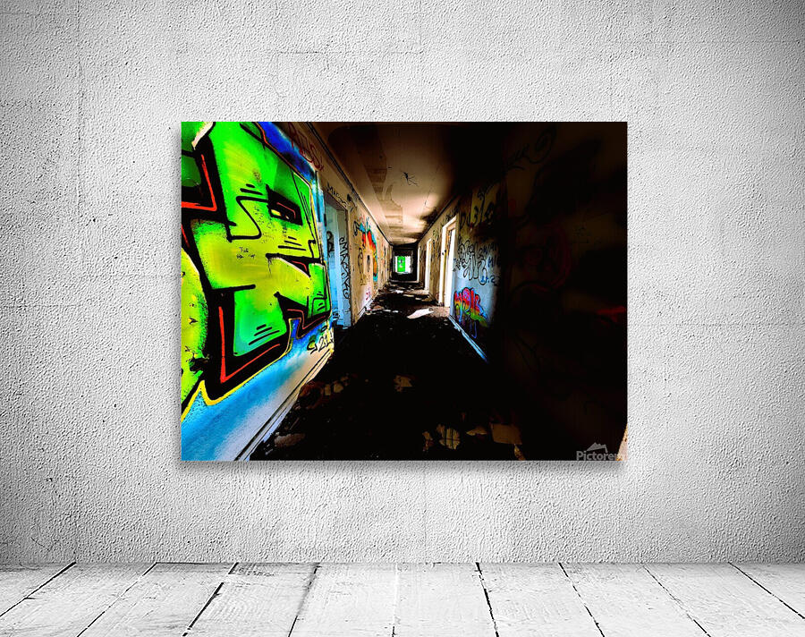Glowing Grafiti On Decaying Hallway Of Abandoned Luxury Hotel Wall Preview