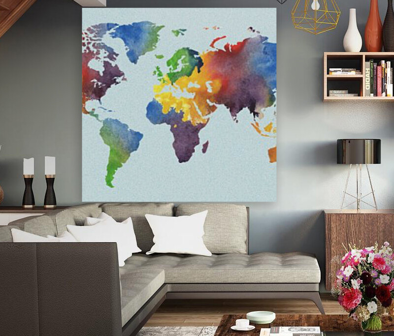 Bright Watercolor Map Of The World Reproduction