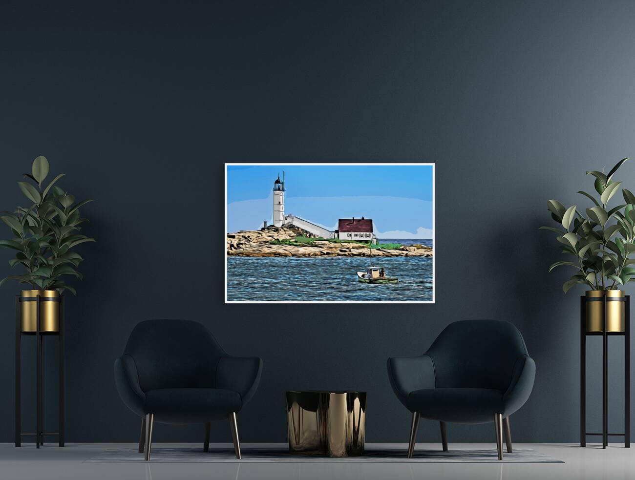 Lobster Boat By Isles of Shoals Light on White Island in New Hampshire - Illus. Reproduction