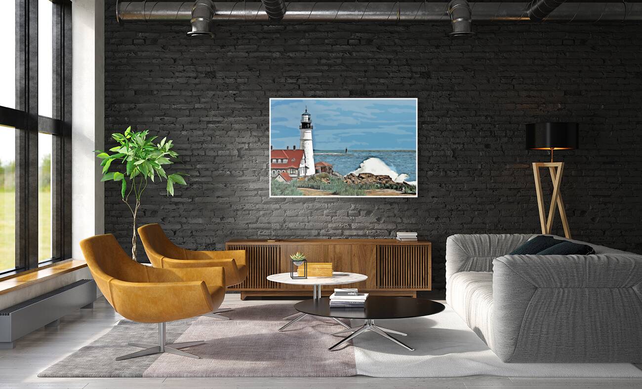 Waves Crash By Portland Head Light as Sun Breaks Through Clouds  - Illus. Reproduction