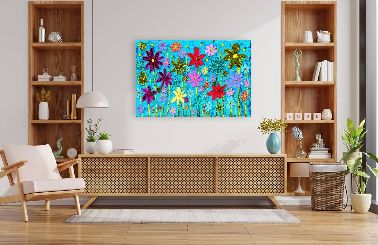 Abstract Vibrant Floral Display on a Blue Background Reproduction