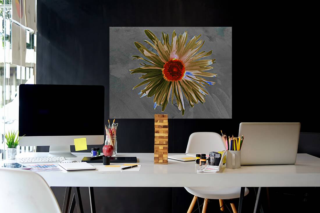 Abstract Vibrant Daisy Flower on a Grey Abstract Background Reproduction