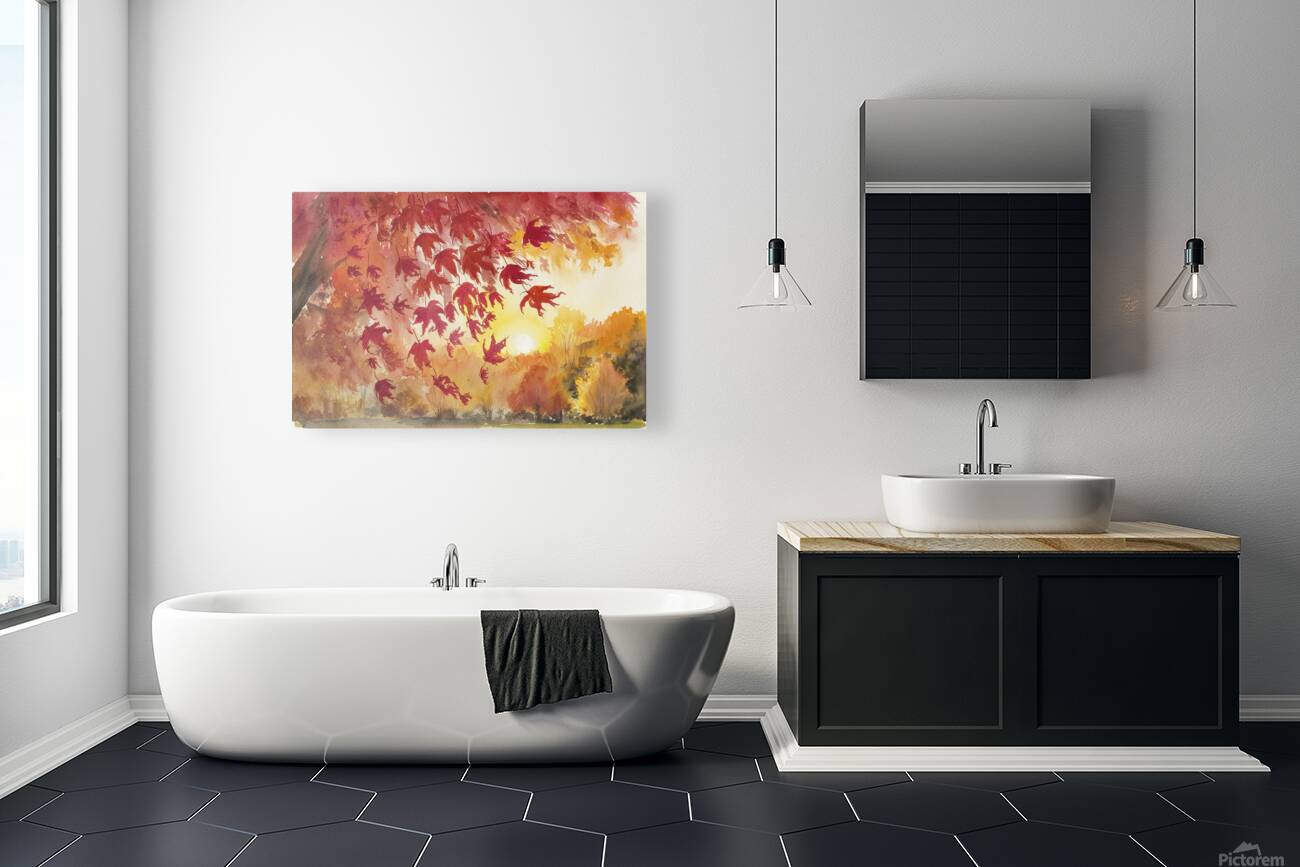 Watercolor drawing of falling red leaves in autum Reproduction