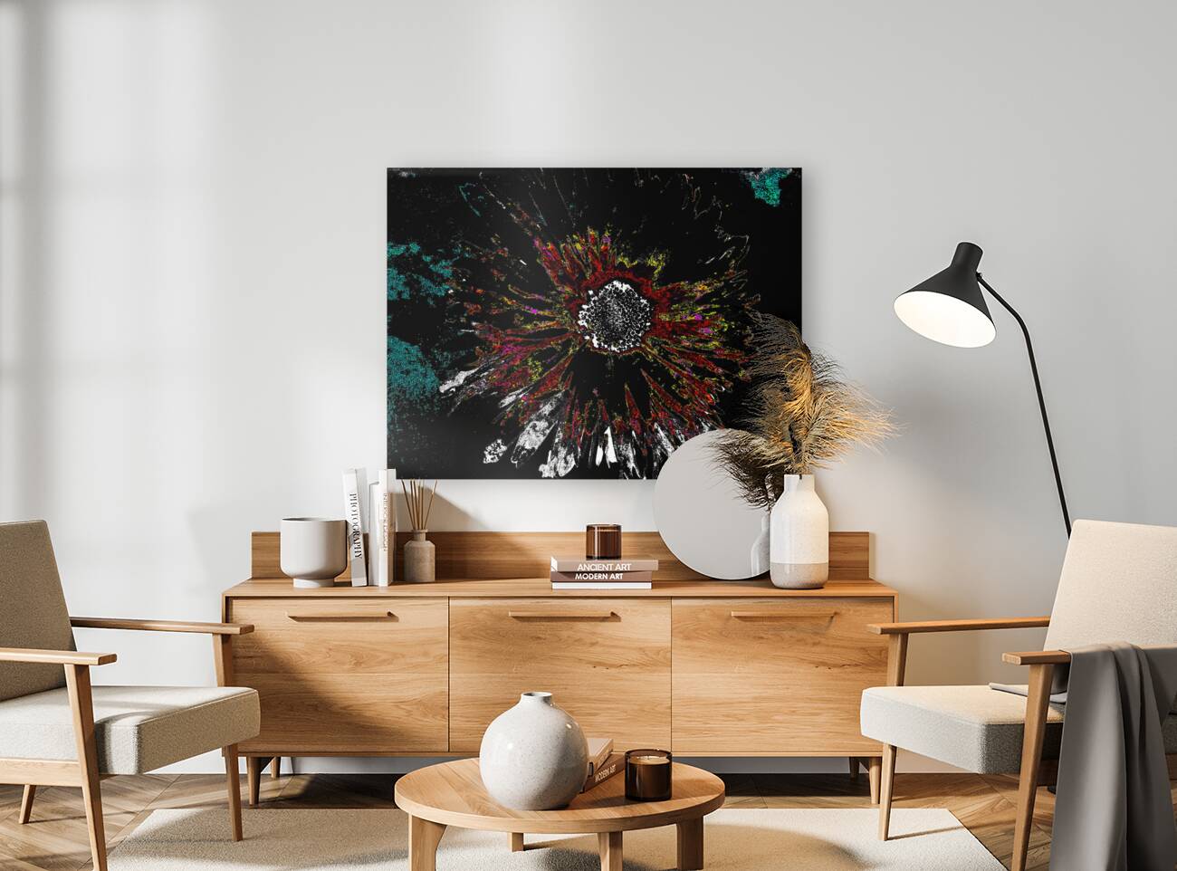 Abstract Vibrant Dark Daisy on an Abstract Background  Reproduction