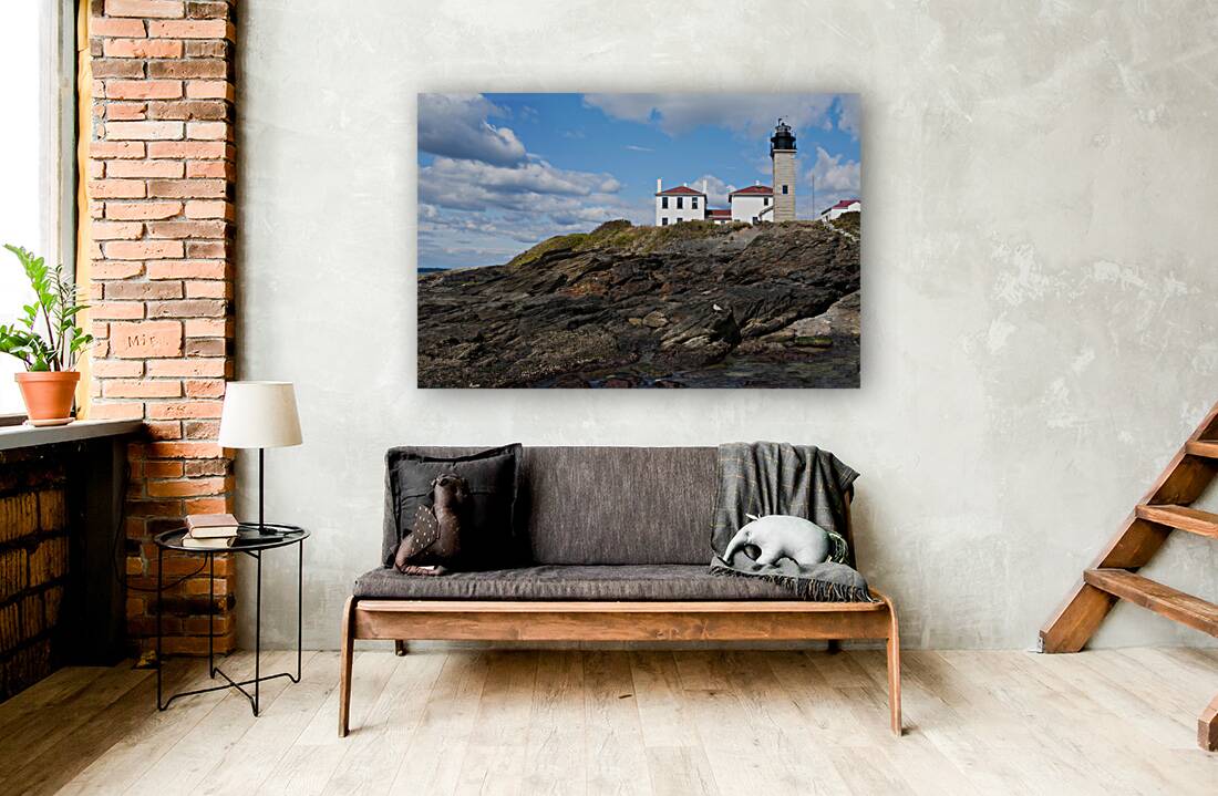 Beavertail Lighthouse Over Dangerous Rocky Shoreline in Rhode Island Reproduction