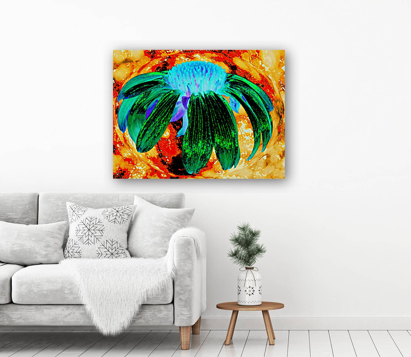 Abstract Green Cone Flower Too on an Orange Abstract Background  Reproduction