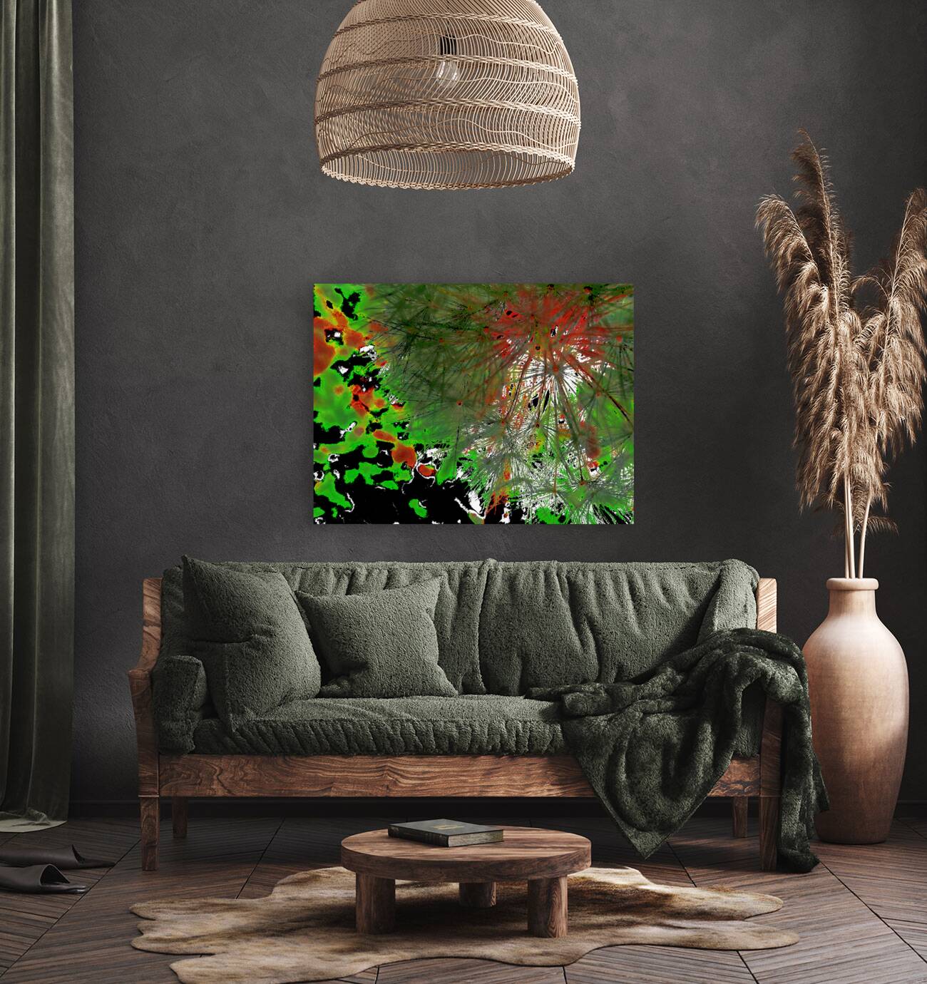 Abstract Vivid Red and Green Dandelion Corner Reproduction
