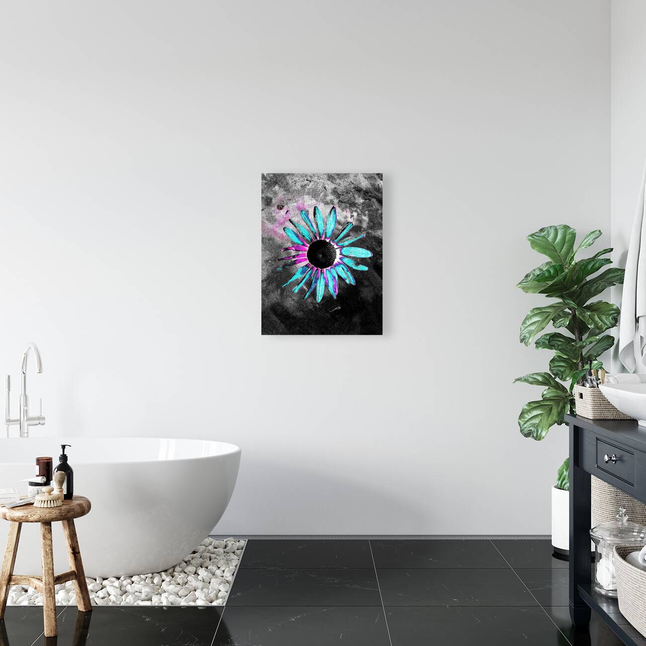 Abstract Neon Blue Daisy Reproduction