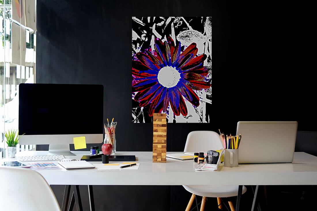 Abstract Vibrant Red and Blue Daisy Reproduction