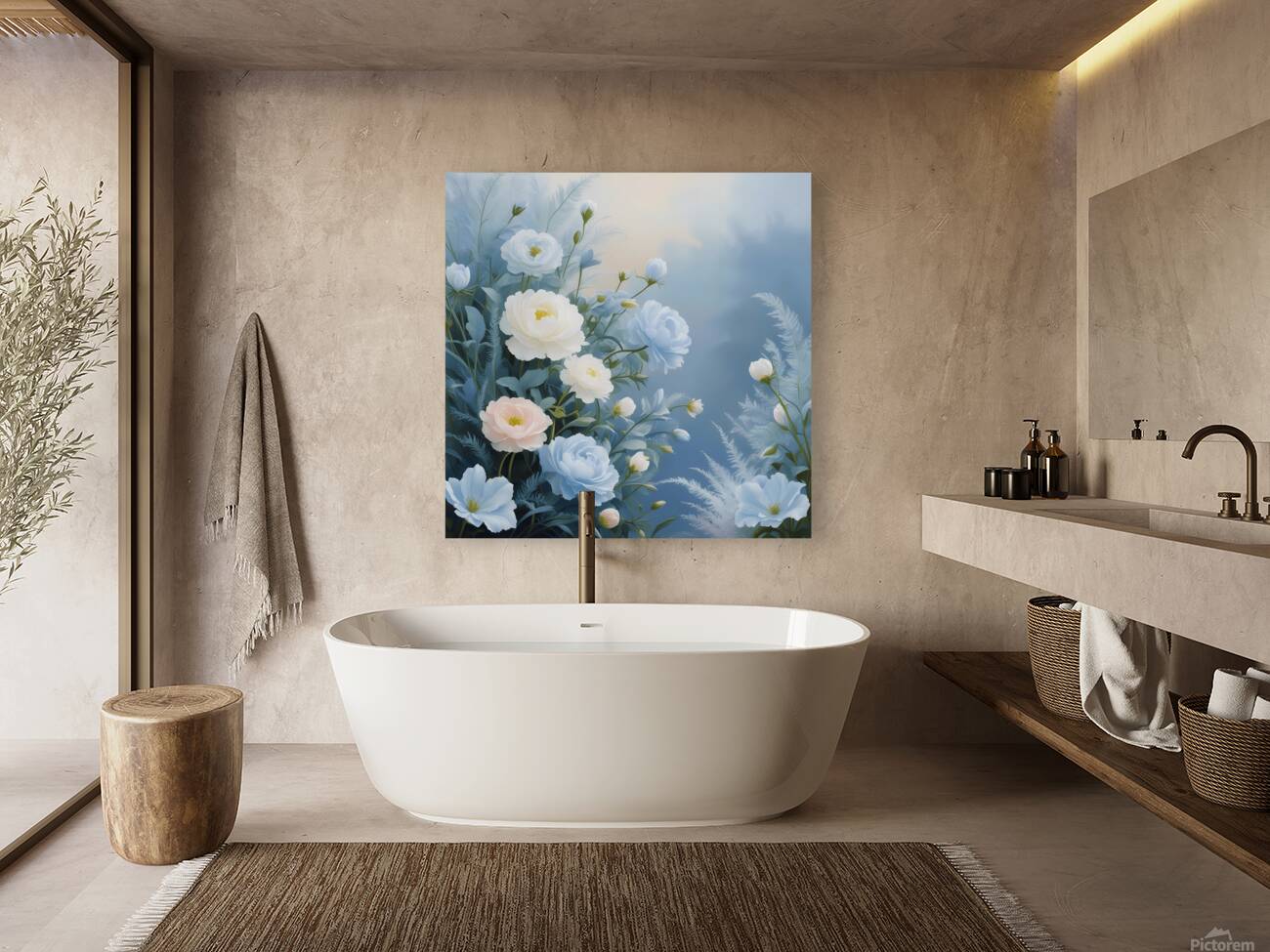 A celestial painting featuring blue and white flowers in soft pastel tones adding tranquility and beauty to your decor. Generative Al Reproduction