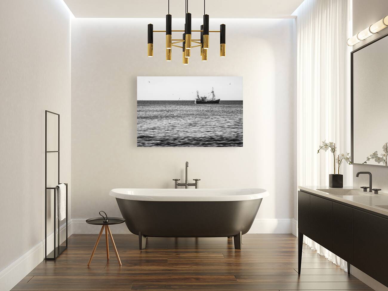 Black and White shot of fishing vessel on the North Sea Reproduction