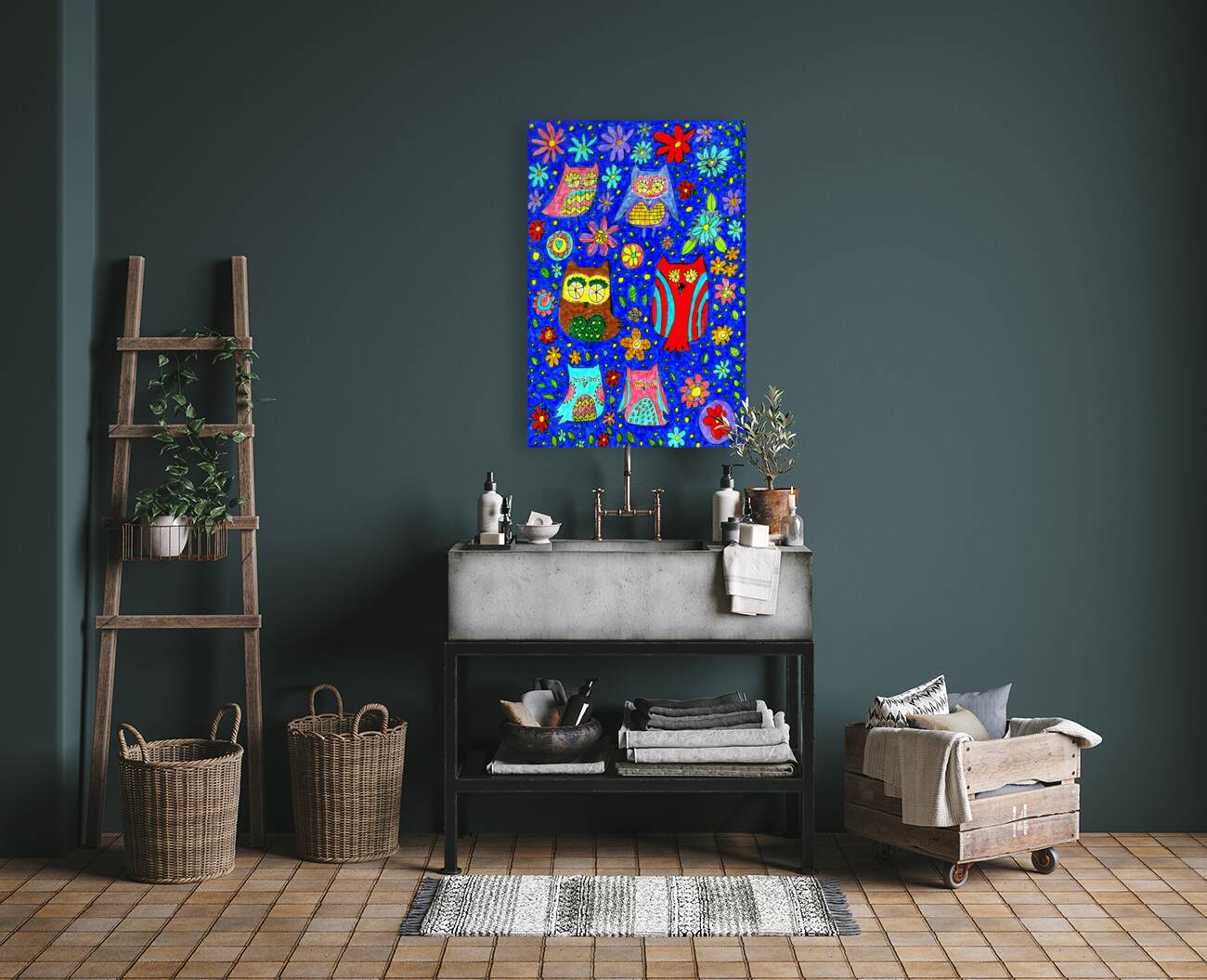 Abstract Owls and Colourful Flowers Reproduction