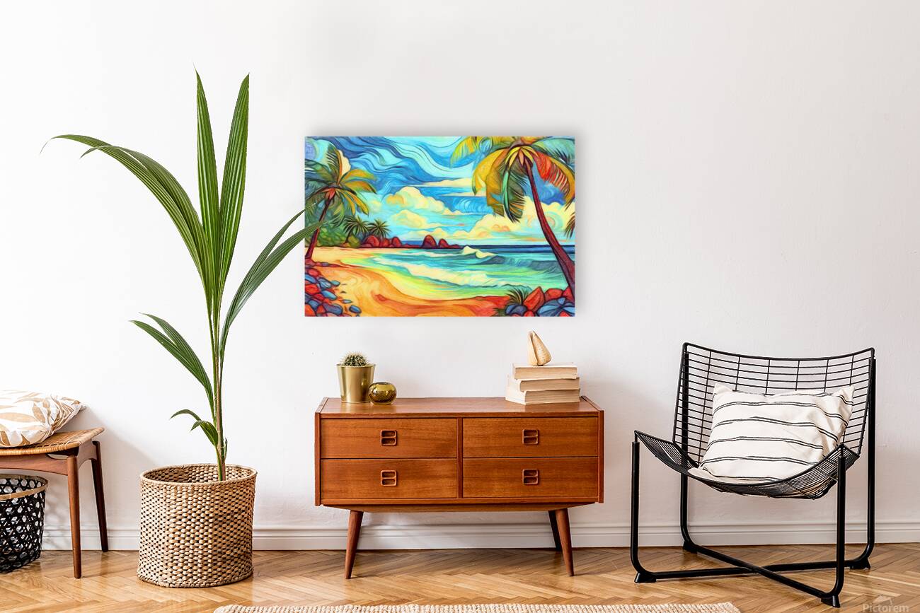 Tropical Beach with Palm Trees Golden Sand and Ocean Reproduction
