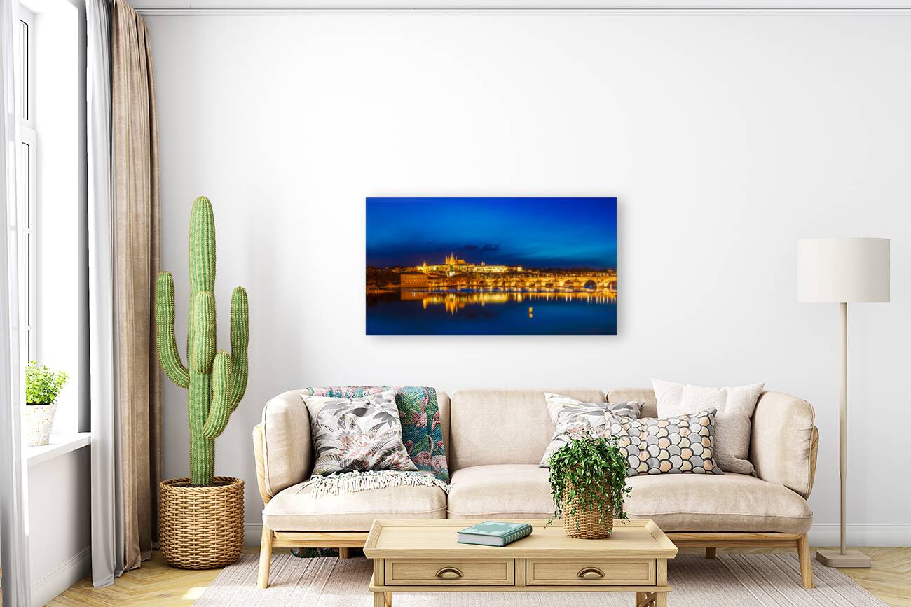 View of Charles Bridge Karluv most and Prague Castle Prazsky hrad in twilight. Panorama Reproduction