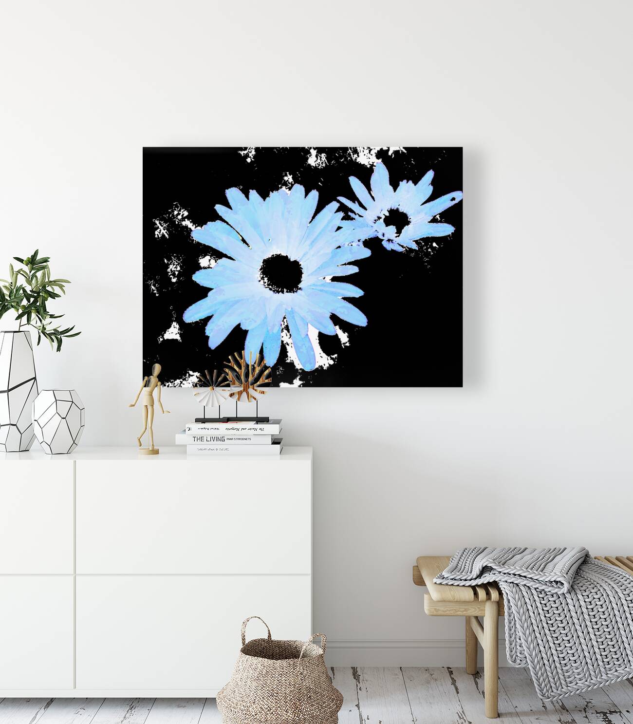 Abstract Blue Daises on a Monochrome Background Reproduction