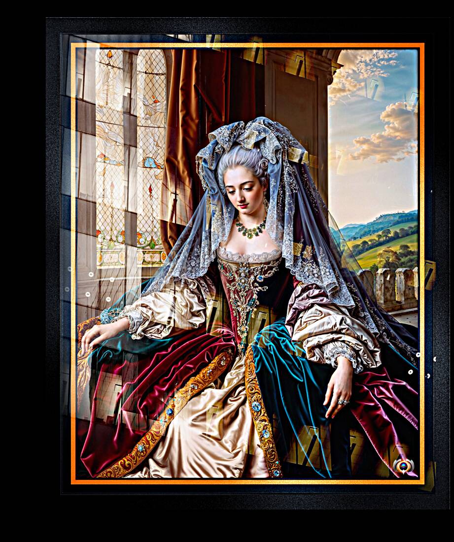 The Timeless Beauty Of A Majestic Lady Wearing A Veil Dressed In A Lavish Gown Mesmerizing AI Concept Art by Xzendor7 Reproduction