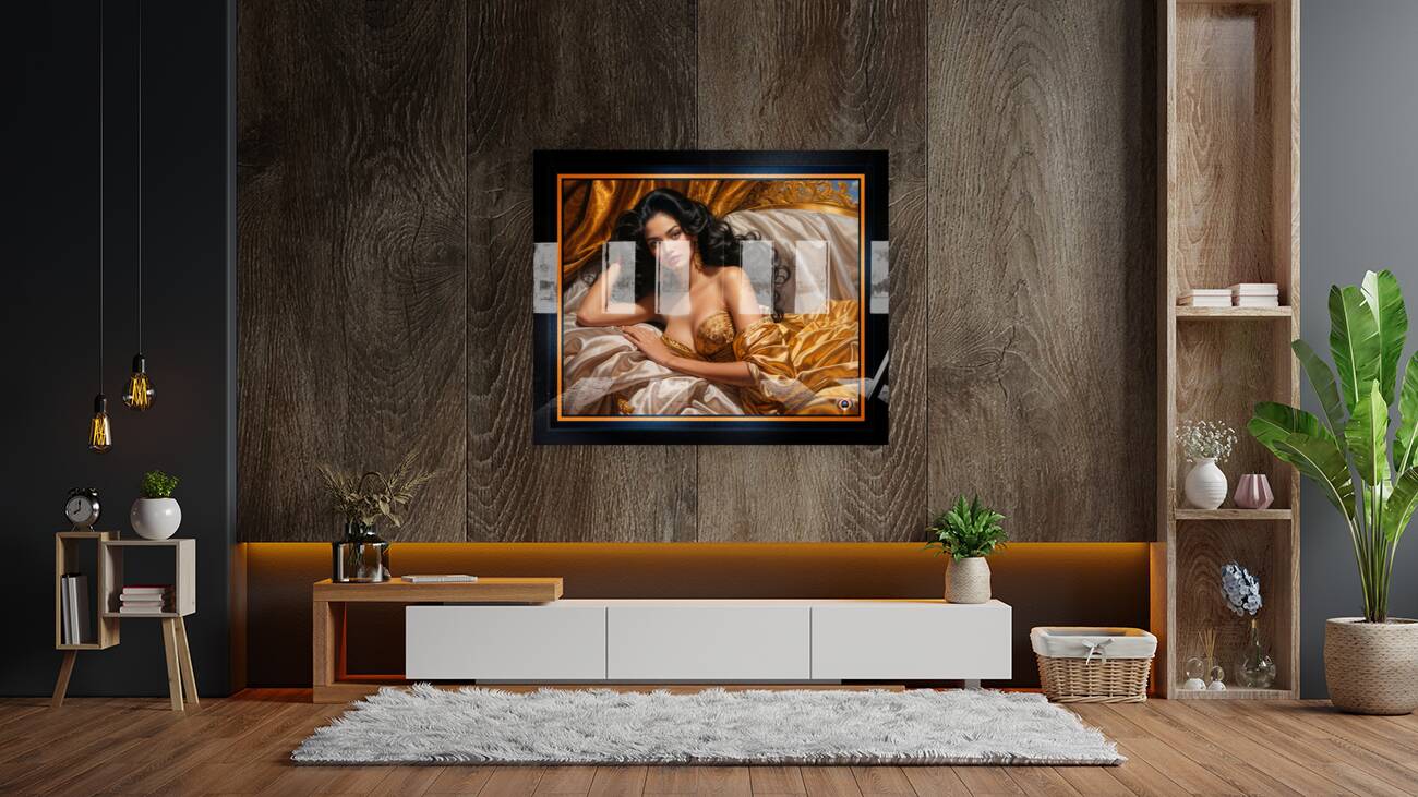 A Mesmerizing Raven-Haired Beauty Reclining In Satin And Golden Luxury AI Concept Art by Xzendor7 Reproduction