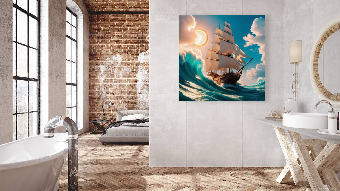 Artwork of an old ship in the middle of the sea waves Reproduction