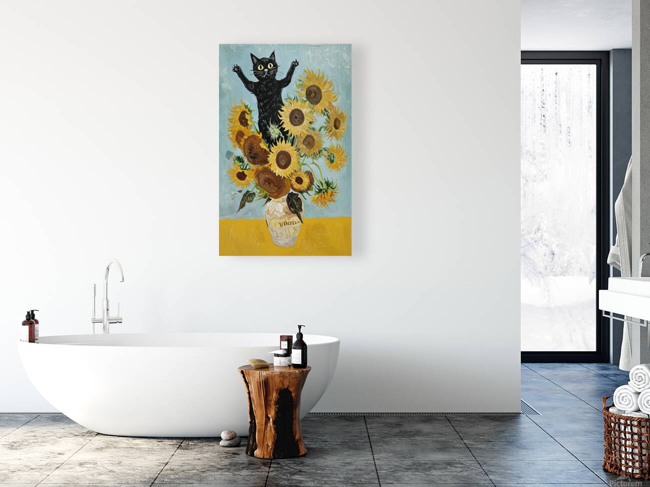 Playful Cat With Sunflowers Inspired By Van Gogh. Reproduction