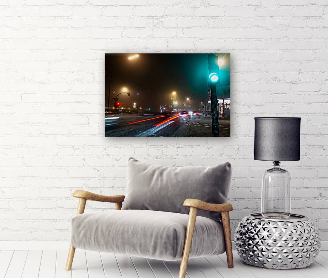 Long exposure night shot of a lit up streetcorner in Hamburg Altona Reproduction