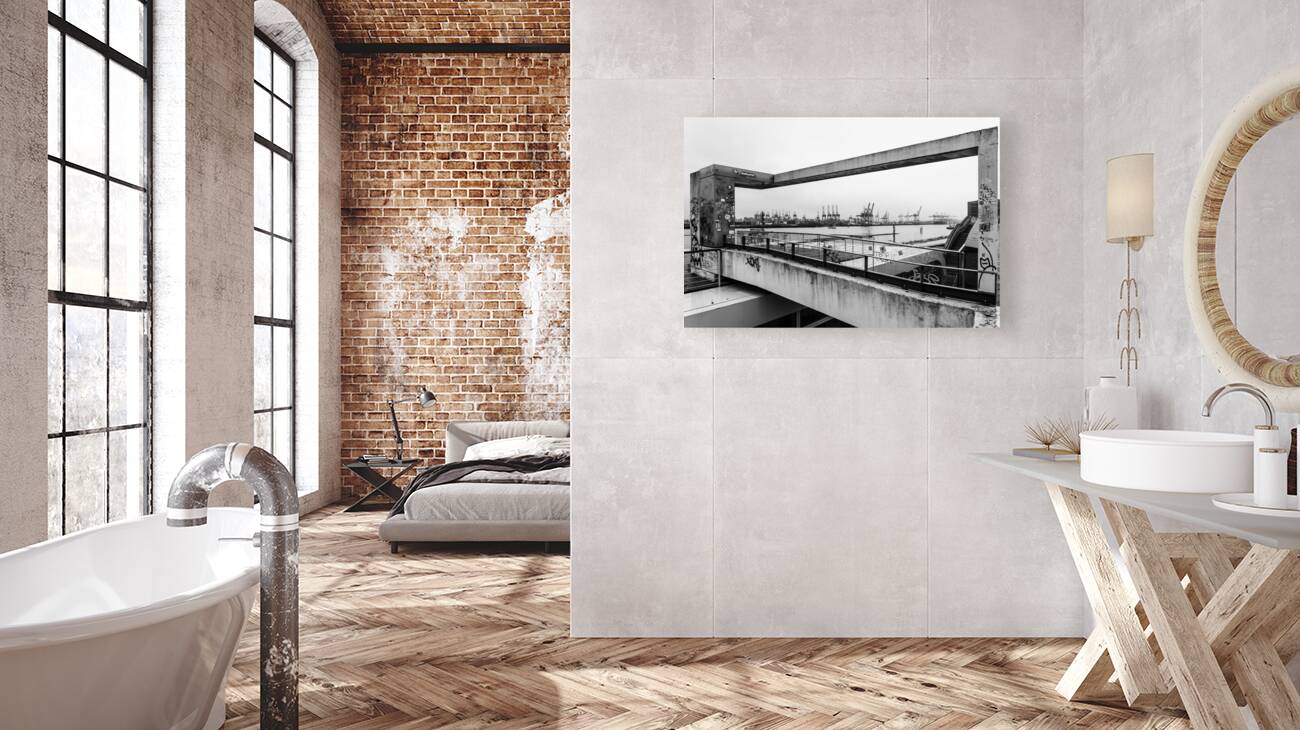Black and white shot of the Elbe River in Hamburg seen through concrete arch Reproduction