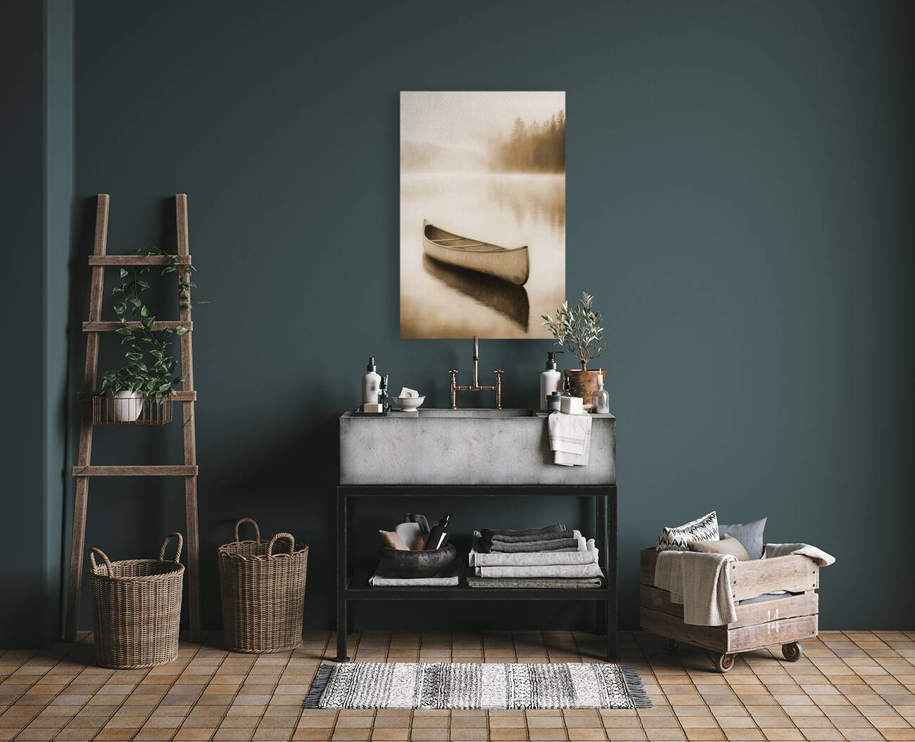 Tranquil Lake and Canoe Sepia Reproduction