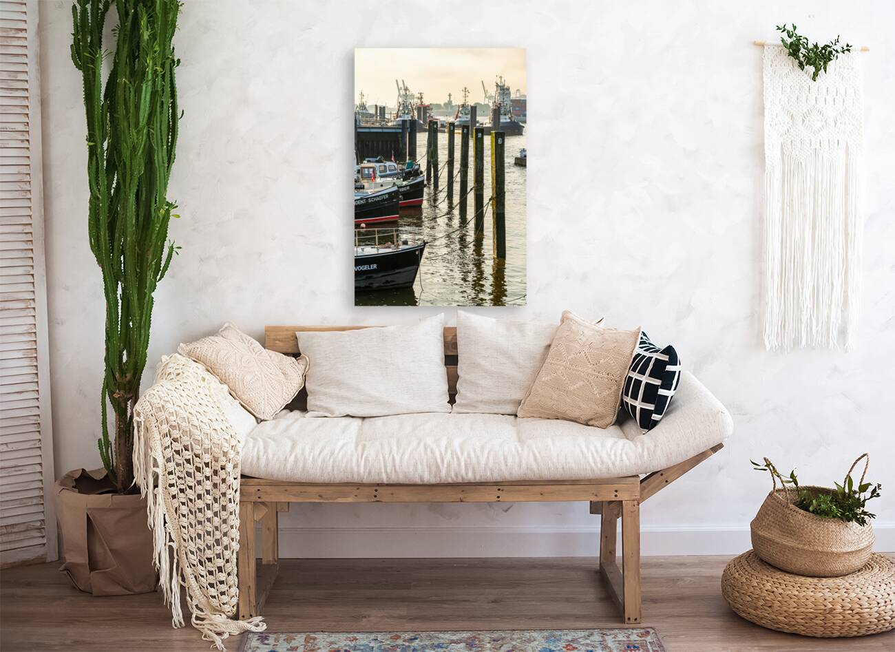 Boats in the historic museum harbor in Hamburg Övelgönne at the Elbe River at sunrise  Reproduction