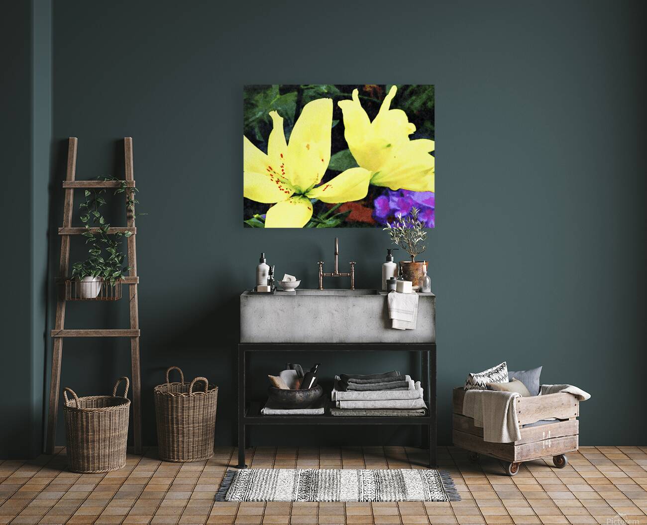 Vibrant yellow lilies in a watercolor style against greenery and yellow blooms Reproduction