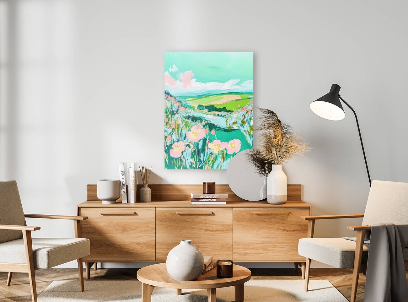 Cool Green Landscape with Flowers Reproduction