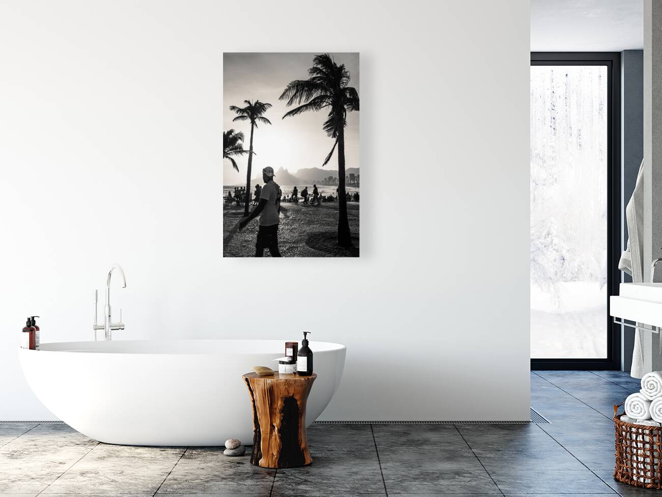 Black and white photo of people strolling along the promenade at Ipanema Beach in Rio de Janeiro  Reproduction
