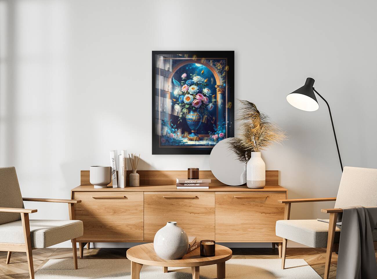 Glorious Floral Bouquet In A Majestic Blue Vase Under A Moonlit Sky Captivating AI Concept Art by Xzendor7 Reproduction