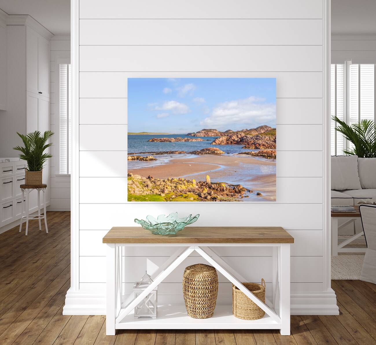 The beach at Fionnphort Mull Scotland with Iona in the background. Fionnphort is the ferry terminal for Iona. Reproduction