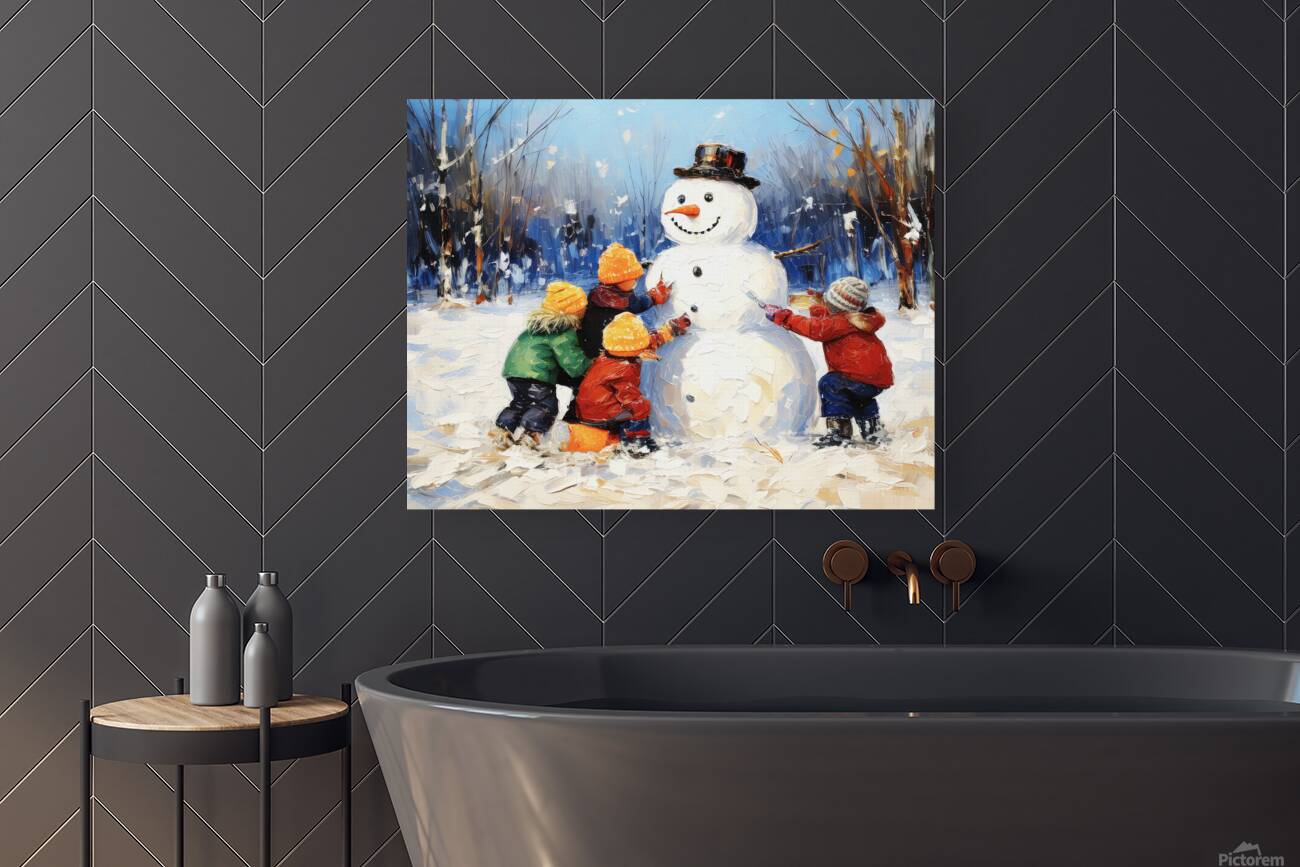 Youngsters Building a Snowman Reproduction